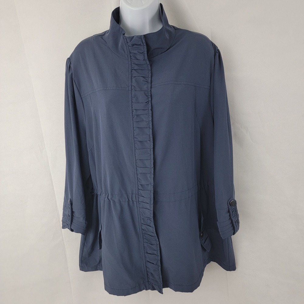 CHICOS ZENERGY Womens Jacket Sz 3 XL Full Zip Ruffled BLUE Stretch Mature Career
